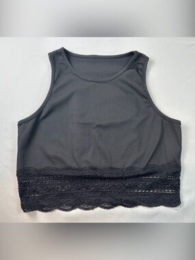 SHEIN Black Ribbed Crop Tank Top Lace Sheer Hem Bandeau Racerback